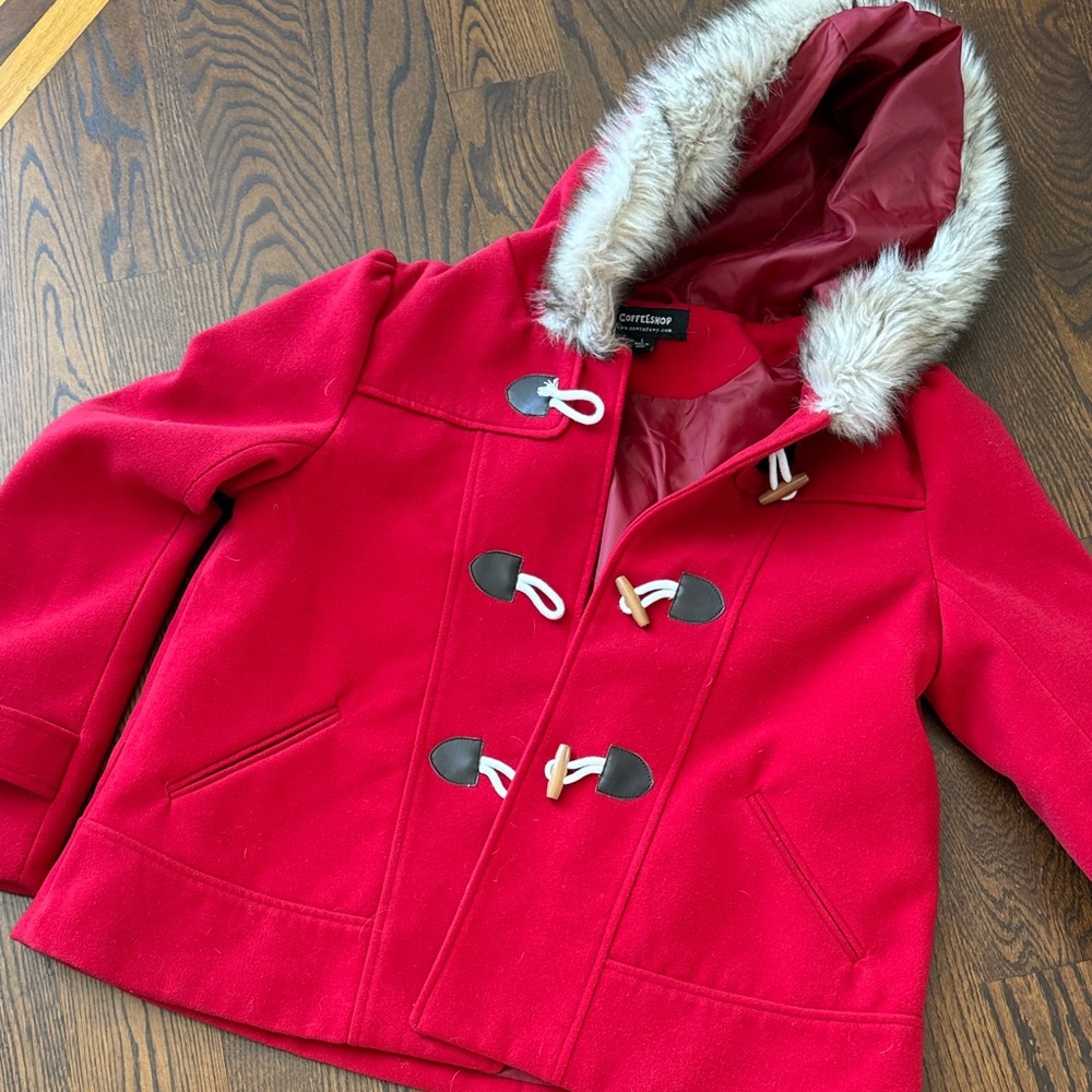 CoffeeShop Red  Coat short to waist with Faux Fur Hood